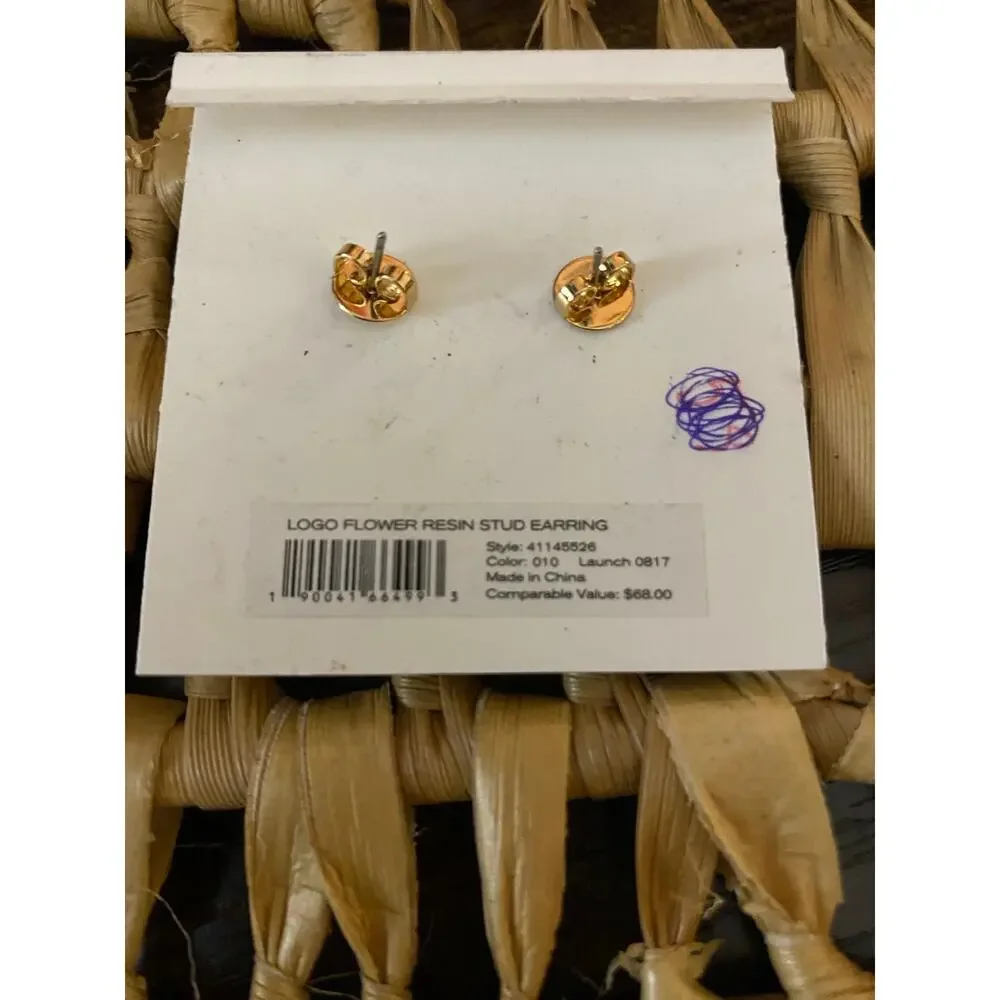 Tory Burch Logo Flower Resin Stud Earrings Black Gold Double T 41145526 NWT
